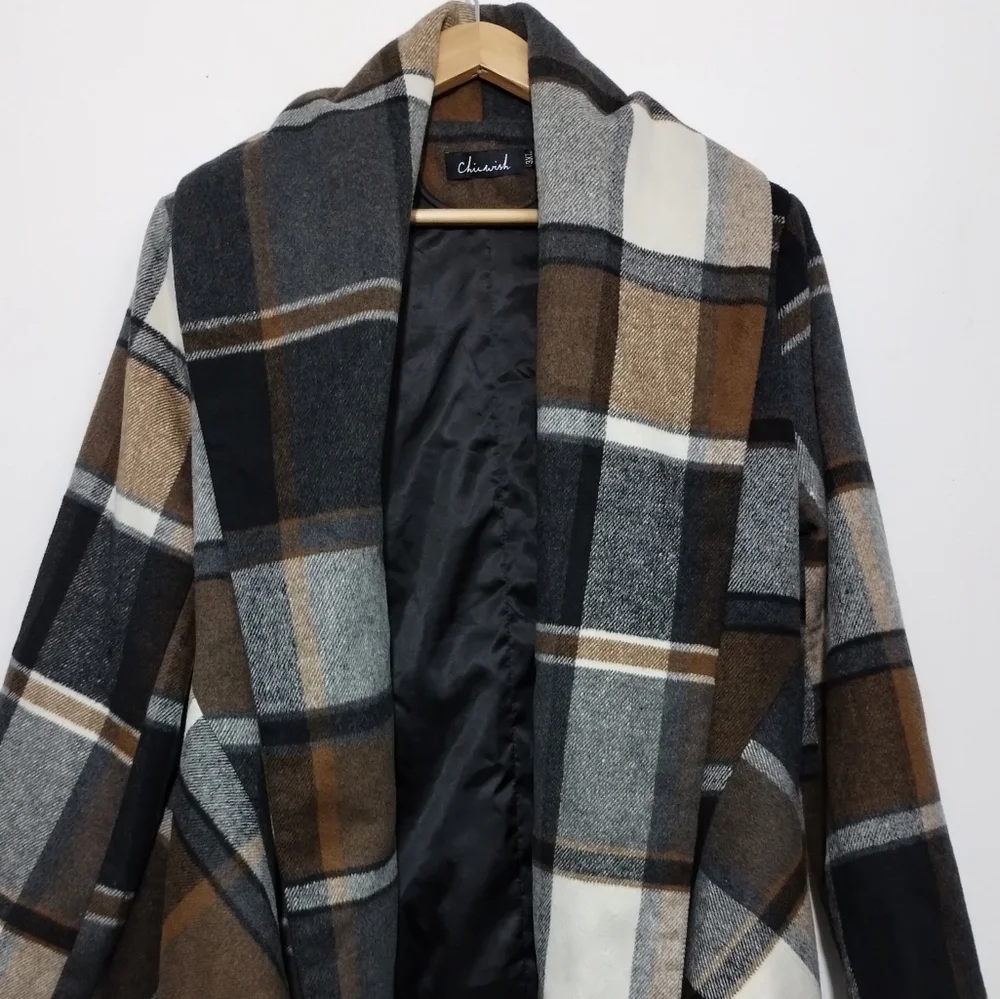 Chicwish Prairie Check Rabato Coat Wool Blend Wrap Coat Women's 3XL ( NO BELT ) - Picture 2 of 4
